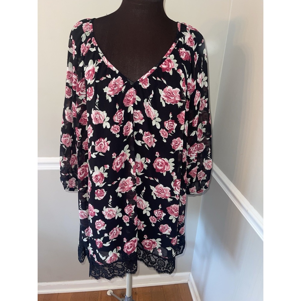 Massini 1X V-Neck 3/4‎ Sleeve Floral Lined Tunic Top Blouse Lace Black Roses